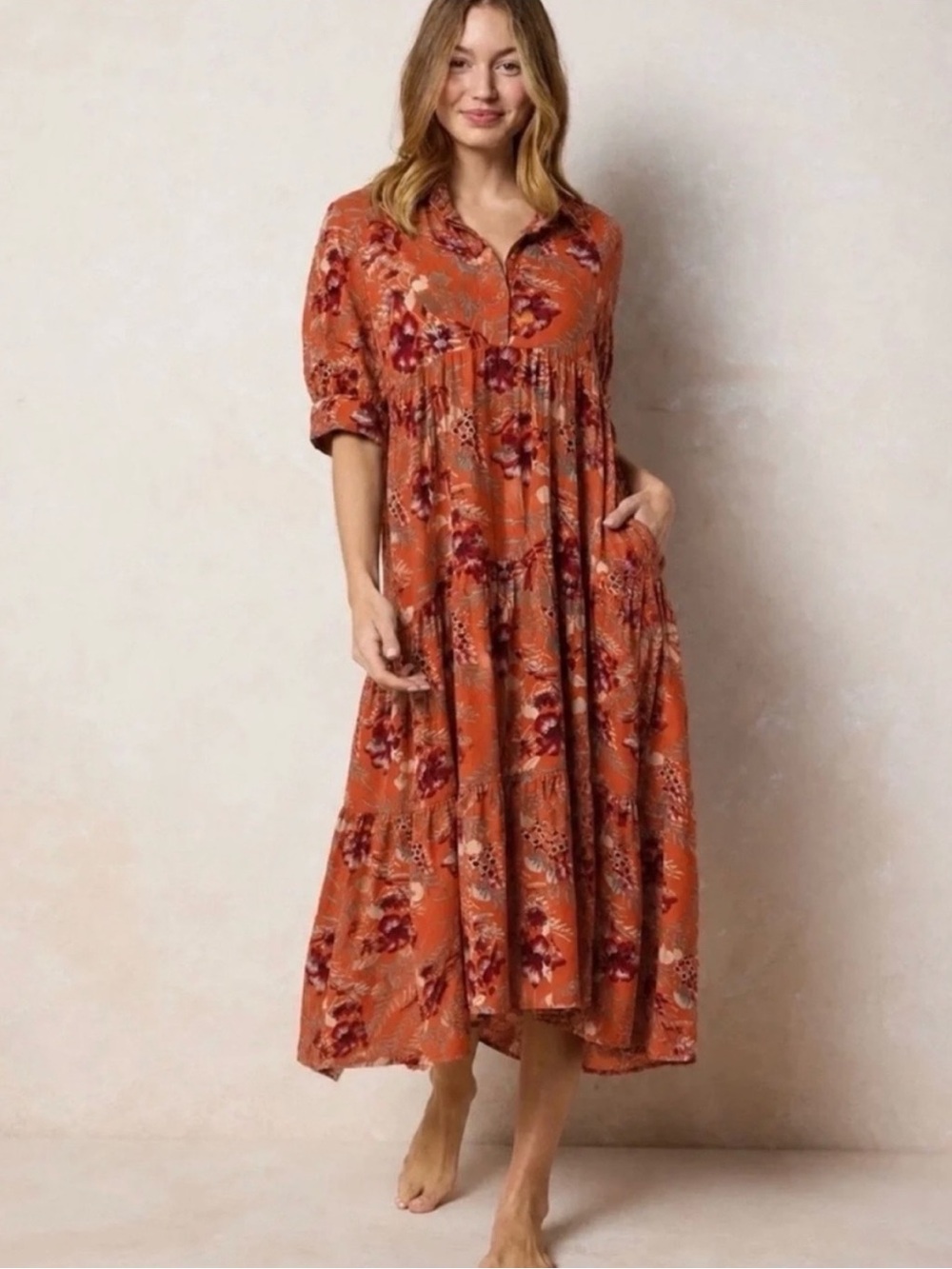 Natural Life Rebecca Tiered Midi Dress Rust Orange Floral Size Large